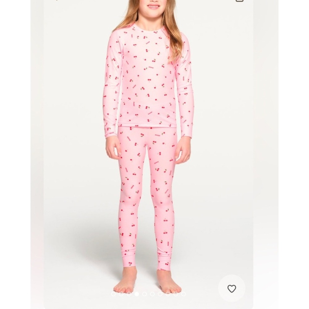 SKIMS Kids Pink Cherry Print Ribbed Pajama Set Long Sleeve Leggings Size 5